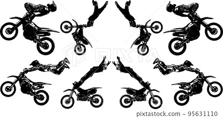 A set of black and white vector images of motorcyclists performing extreme stunts in the discipline of motofreestyle 95631110