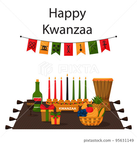 Greeting card of Happy Kwanzaa. A composition with a woven mat, drum, kinara, gifts and fruit basket. Festive bunting flags with 7 principles of Kwanzaa symbols. Cartoon vector illustration on white 95631149