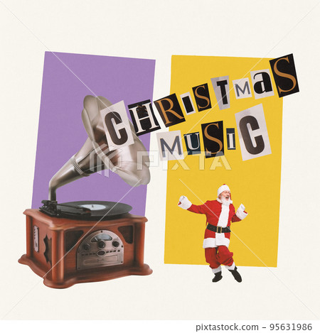 Contemporary art collage. Cheerful senior man in image of Santa Claus dancing near vintage gramophone. Christmas music Contemporary art collage. Cheerful senior man in image of Santa Claus dancing near vintage gramophone. Christmas music 95631986