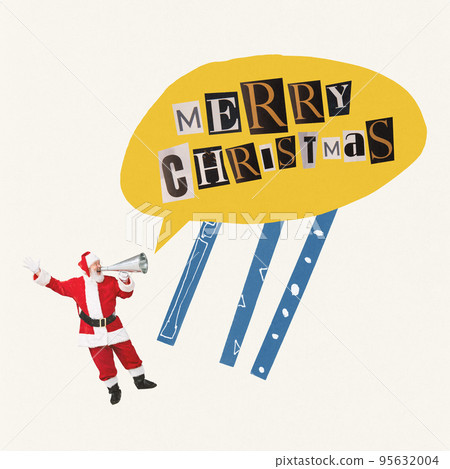 Contemporary art collage. Cheerful senior man in image of Santa Claus shouting in megaphone and greeting with holidays 95632004