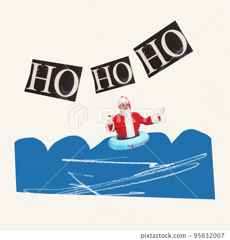 Contemporary art collage. Cheerful senior man in image of Santa Claus swimming in sea in swimming circle with cocktail 95632007