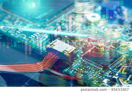 Electronic circuit board on background of Yuan currency sign, coin stack, and China map. Growth stock market graph. Mainboard of computer. Electronic industry in China. Chip shortage and trade war. 95633807