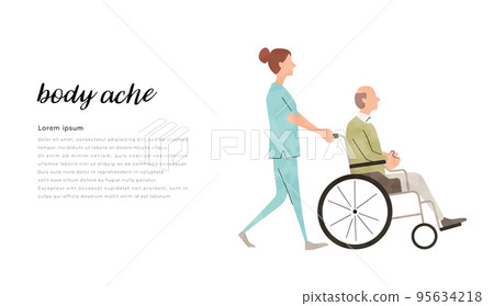 Vector illustration material: senior man in a wheelchair and a staff woman 95634218