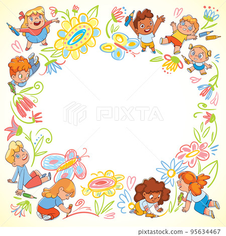 Children draw scribbles on the floor with colored crayons. Kids template for your design Children draw scribbles on the floor with colored crayons. Kids template for your design 95634467