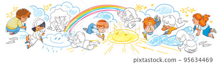 Children draw scribbles on the floor and wall with colored crayons. Seamless panorama. Baby banner Children draw scribbles on the floor and wall with colored crayons. Seamless panorama. Baby banner 95634469