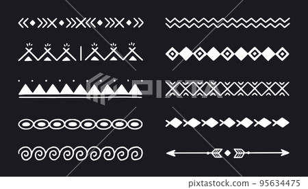 Hand drawn folk motif, ethnic pattern chalkboard set. Peru, mexican, aztec drawn border pattern. Boho, indian decoration, arrow element Hand drawn folk motif, ethnic pattern chalkboard set. Peru, mexican, aztec drawn border pattern. Boho, indian decoration, arrow element 95634475
