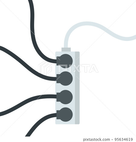 Many outlets to plug with wires. load on system. Cartoon flat illustration 95634619