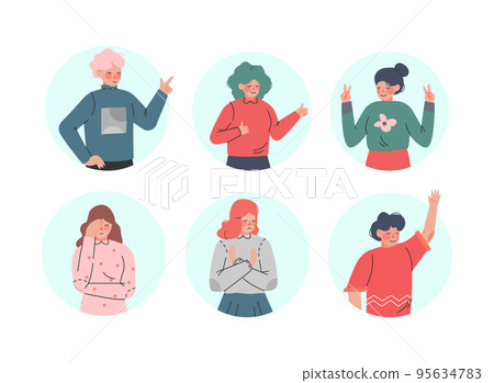 Young Man and Woman Making Positive and Negative Hand Gestures in Circular Frames Vector Illustration Set Young Man and Woman Making Positive and Negative Hand Gestures in Circular Frames Vector Illustration Set 95634783