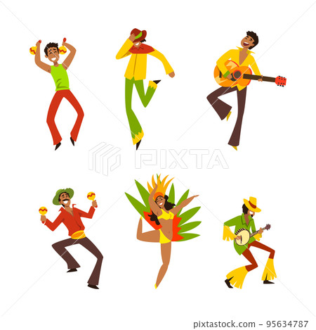 Brazilian Samba Woman Dancer in Bright Feathered Costume and Man Musician Vector Set 95634787