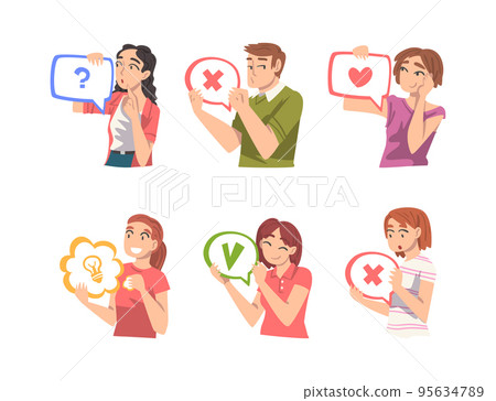 People Characters Holding Speech Chat Bubble in Their Hands Vector Set 95634789