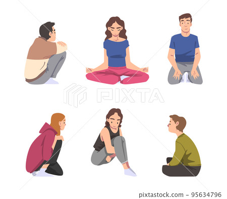 Man and Woman with Bended Knees Sitting on the Floor Feeling Calm Vector Set 95634796