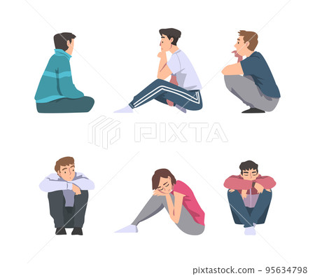 Man and Woman with Bended Knees Sitting on the Floor Feeling Calm Vector Set 95634798