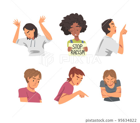 Stop Racism with Young African American Woman Character Holding Placard and Angry People Blaming Vector Set 95634822