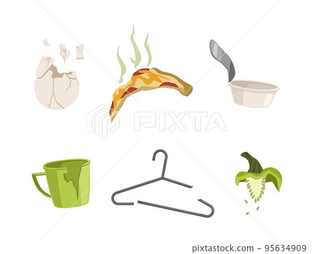 Garbage and Waste with Cracked Eggshell, Pizza, Tin, Cup and Clothes Hanger Vector Set 95634909