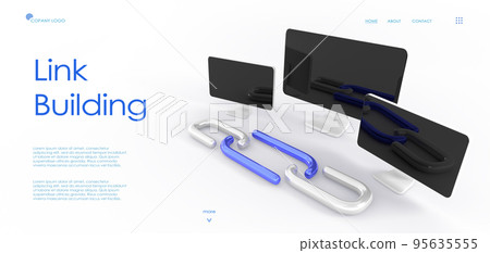 Link building isometric landing page, 3d render. Search engine optimization, hyperlink connection between online websites. SEO, backlink strategy for home page development, web banner 95635555
