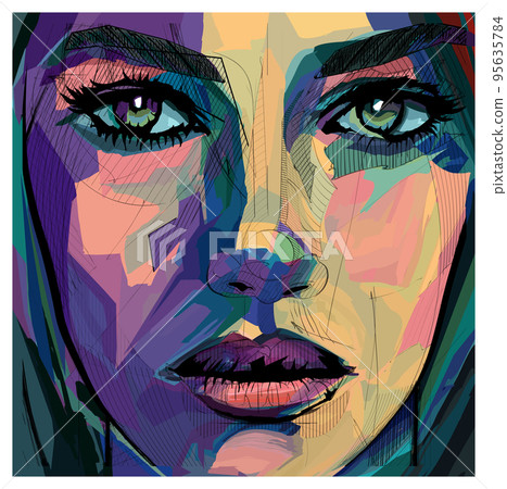 Original abstract art contemporary digital portrait of a woman face 95635784