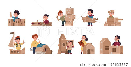 Kids playing boxes. Children building handmade cardboard toys, cute boys girls cartoon characters hobbies, happy joyful childhood. Vector isolated set 95635787