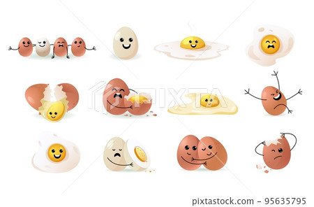 Cute egg faces. Cartoon funny doodle happy characters, easter egghead kawaii emoji flat comic emotion mascot kid stickers. Vector isolated set Cute egg faces. Cartoon funny doodle happy characters, easter egghead kawaii emoji flat comic emotion mascot kid stickers. Vector isolated set 95635795