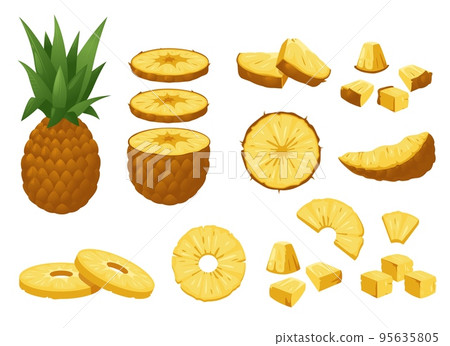 Pineapple set. Tropical fresh whole and peeled fruit pieces, cartoon natural sweet ripe ananas delicious raw snack. Colorful vector isolated collection Pineapple set. Tropical fresh whole and peeled fruit pieces, cartoon natural sweet ripe ananas delicious raw snack. Colorful vector isolated collection 95635805