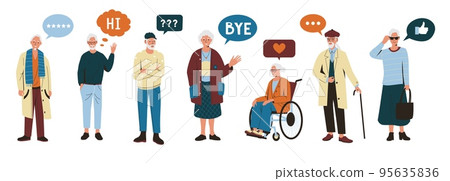 Old people with chat bubble. Cartoon senior male female characters with mobile phone browsing internet, grandfather grandmother with gadgets. Vector isolated set 95635836