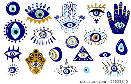Turkish eye collection. Abstract cartoon blue evil eye Hamsa magic icons, fantasy esoteric talisman protection. Vector contemporary set 95635840