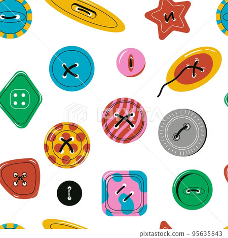 Clothing buttons pattern. Seamless print of colorful sewing decorated fabric accessories, tailor dressmaking elements for wrapping paper textile. Vector texture 95635843