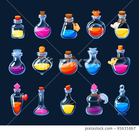 Cartoon alchemy bottles. Magic potion and love elixir game UI icons asset, colorful poison and antidote in various flasks and phials. Vector GUI alchemist potions set 95635867