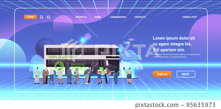 mix race people standing near electric bus charging battery vehicle at recharging power station charger EV management 95635973
