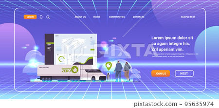 people charging electric semi truck in mobile app battery vehicle at recharging power station charger EV management 95635974