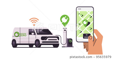 hand charging electric cargo van in mobile app battery vehicle at recharging power station charger EV management hand charging electric cargo van in mobile app battery vehicle at recharging power station charger EV management 95635979