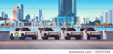 electric pickup truck cars charging parking at the charger station with a plug in cable electrified transportation e-motion 95635988