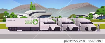 electric semi trcuk trailers charging parking at the charger station with a plug in cable electrified transportation e-motion 95635989