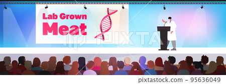 scientist giving speech at tribune cultured red raw meat made from animal cells artificial lab grown meat production scientist giving speech at tribune cultured red raw meat made from animal cells artificial lab grown meat production 95636049