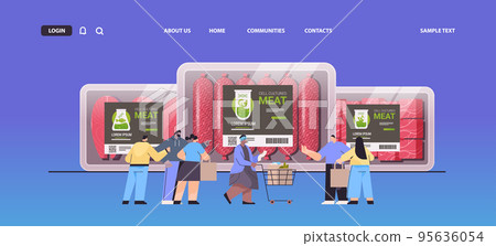 people buying plastic containers with cultured red raw meat made from animal cells artificial lab grown meat production 95636054