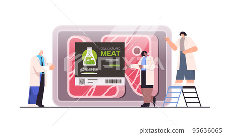 scientists looking at plastic container with cultured red raw meat made from animal cells artificial lab grown meat production scientists looking at plastic container with cultured red raw meat made from animal cells artificial lab grown meat production 95636065