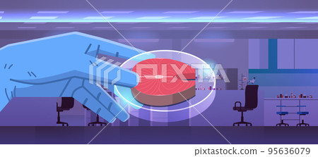 scientist hand holding cultured red raw fish meat made from animal cells artificial lab grown meat production concept scientist hand holding cultured red raw fish meat made from animal cells artificial lab grown meat production concept 95636079