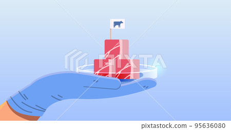 scientist hand holding cultured red raw meat made from animal cells artificial lab grown meat production concept scientist hand holding cultured red raw meat made from animal cells artificial lab grown meat production concept 95636080