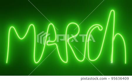 Neon text of "MARCH". Month of December, glowing neon led light. 3d, 1980 style Neon text of "MARCH". Month of December, glowing neon led light. 3d, 1980 style 95636409
