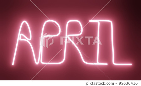 Pink neon lettering month April. For promotional banner, poster, flyer or leaflet. On dark background. Script italic elegant font. Bright spring color. 3d, 1980 style Pink neon lettering month April. For promotional banner, poster, flyer or leaflet. On dark background. Script italic elegant font. Bright spring color. 3d, 1980 style 95636410