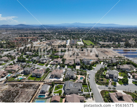 Aerial view of Rancho Cucamonga, located south of the foothills of the San Gabriel Mountains and Angeles National Forest 95636575