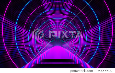 Neon Light Corridor Podium Stage Background. Futuristic Blue Purple Glowing Shape Empty Dark Tunnel. 3d Rendering 95636600