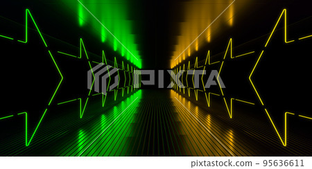 Neon Blue Green Arrow Pointers. Glowing led lights in reflections in a big dark futuristic stage. 3d render Neon Blue Green Arrow Pointers. Glowing led lights in reflections in a big dark futuristic stage. 3d render 95636611