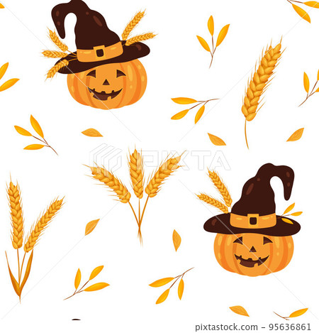 Seamless Halloween pumpkin pattern in witch hat, wheat and yellow leaves Seamless Halloween pumpkin pattern in witch hat, wheat and yellow leaves 95636861