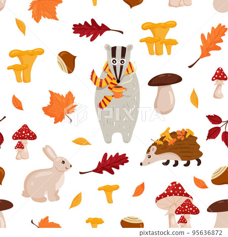 Seamless pattern with forest animals, badgers, hares and hedgehogs 95636872