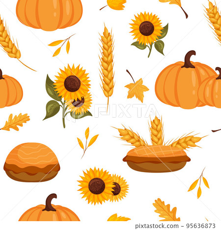Seamless autumn pattern with sunflowers, wheat ears, pumpkin, pie yellow leaves 95636873