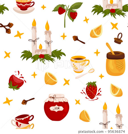 Seamless pattern with candles, lemon, strawberry and honey white background. 95636874