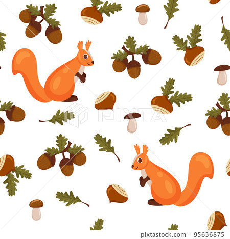 Seamless autumn pattern with forest squirrel, mushrooms, acorns and leaves 95636875