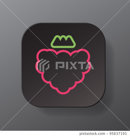 Black square button with raspberry fruit outline icon, pink berry on the plate. Flat symbol sign vector illustration isolated on gray background. Healthy nutrition concept Black square button with raspberry fruit outline icon, pink berry on the plate. Flat symbol sign vector illustration isolated on gray background. Healthy nutrition concept 95637191