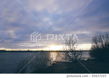 Sunset over river Daugava, Riga, Latvia. Urban landscape in october. 95637207