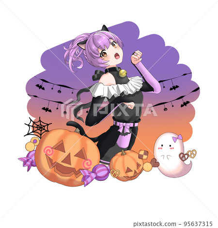 [With background] Purple ponytail girl who cosplayed as a black cat 95637315